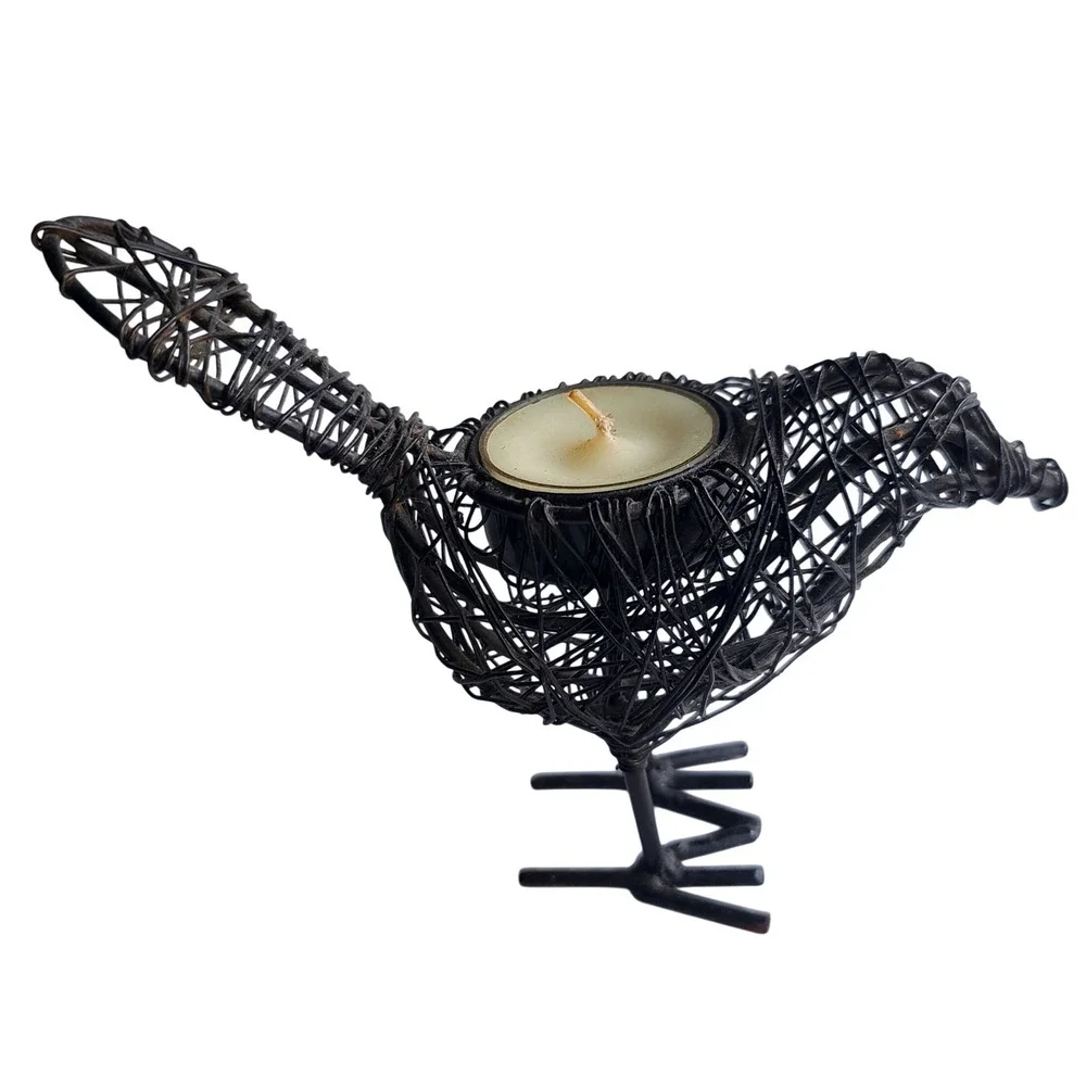 Artisanal‎ Rustic Wire Wrapped Bird Tea Light Candle Holder Dark Metal Figurine